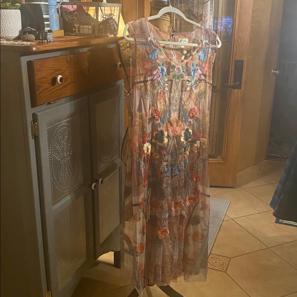 Johnny Was Sheer Floral Midi Dress in Blue, Pink and Cream - Picture 8 of 10